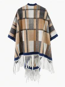 1 件男女通用法式格子流苏披肩围巾，适合作为秋冬外套斗篷 - 彩色 - 查看 4
