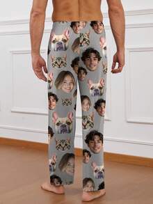 Printstory Customized Men's Pajama Pants With Unique Couple Portrait, Face Swap, And Pet Face Designs, Fall, Winter - Grey - View 5
