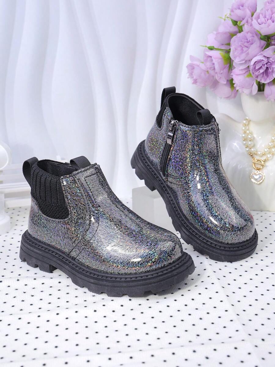 时尚新款婴儿靴，适合幼儿/大童的儿童靴，高帮女童踝靴，带侧拉链，平底休闲亮面皮革短靴 - 黑色 - 查看 1