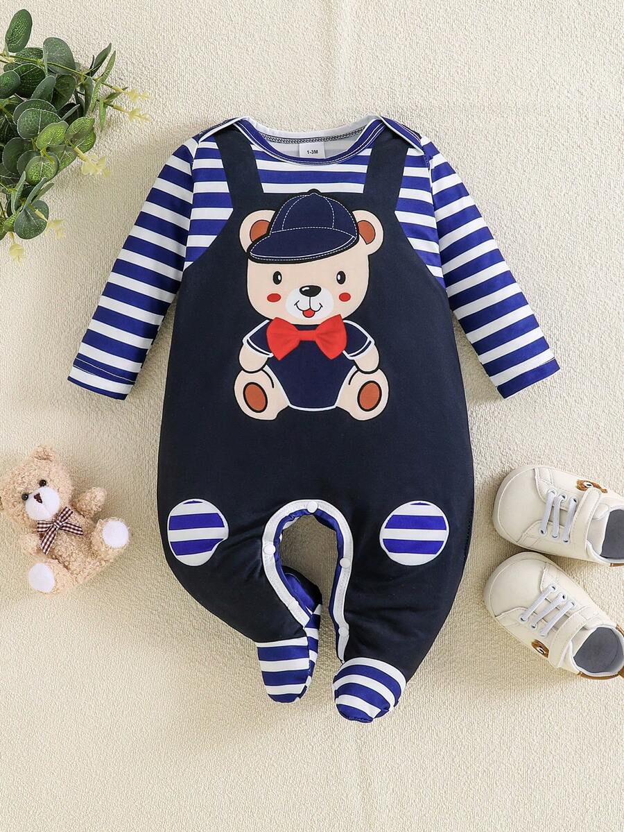 1 pieza Pelele de manga larga con pies para bebé recién nacido niño con estampado de oso y rayas azul marino, elegante y minimalista, apto para todas las estaciones - Azul Marino - Ver 1