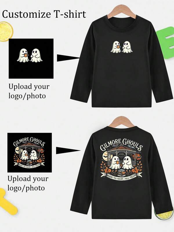 Tops de manga larga personalizados para niños y niñas - Logotipos personalizados/Halloween/Navidad/Uniforme escolar/Logotipo del equipo de danza/Foto personalizada/Cumpleaños/Aniversario/Mascota/Texto/Camiseta única con estiramiento