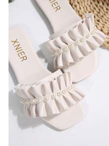 女士平底凉鞋法式时尚圆头一脚蹬拖鞋，2024 年新款夏季海滩度假休闲拖鞋情人节 - 白色 - 查看 9