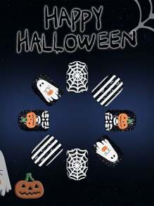 24 PIEZAS Suministros para uñas de Halloween con telaraña blanca, fantasma, calabaza y calavera, con polvo brillante, talla grande 1 lima de uñas y 1 pieza de pegamento de gel