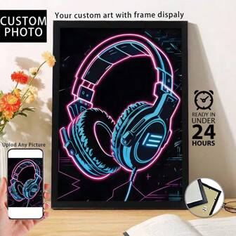 1 pieza, foto personalizada, marco de madera de plexiglás pulido, fondo negro, auriculares de estilo neón, póster artístico de lienzo impreso personalizado, perfecto para familias, parejas, recuerdos de mascotas y un regalo perfecto para aniversarios