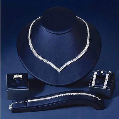 סט אחד של תכשיטי אופנה לנשים - זירקוניה מעוקבת + שרשרת, עגילים, צמיד וטבעת יהלומים בעיצוב חדש 4 יחידות אביזרי יהלומים המתאימים ללבישה יומיומית