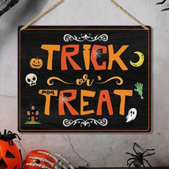 Halloween Door Sign, Trick Or Treat Wooden Hanging Sign, Halloween Wood Door Decorations, Suitable For Halloween Party Front Door Decoration