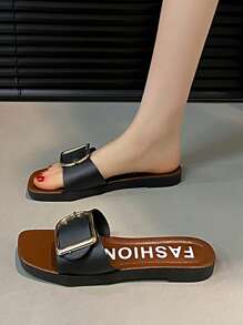 女士可调节扣式时尚平底方头休闲人字拖