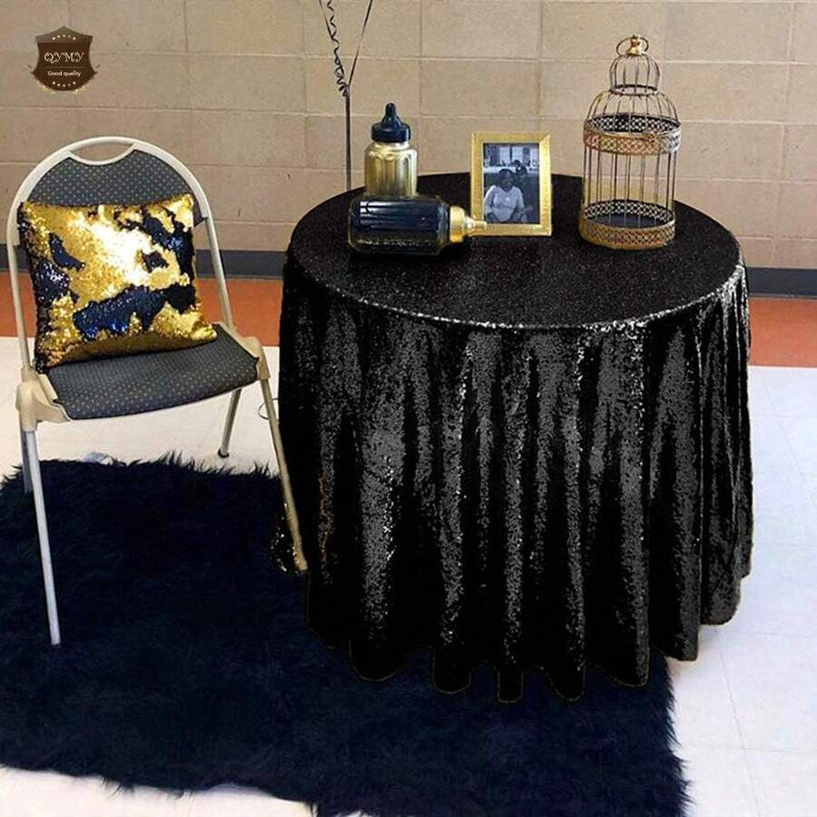2pcs Black Sequined Tablecloths, 35 Inch Round Small Glitter Tablecloth For Birthday, Cake, Party, Christmas, Wedding, Home And Outdoor Decor