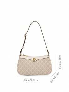 经典百搭纯色PU防水面料单肩包，金属扣装饰，腋下法棍包款式，全身印花设计，适合购物、通勤、聚会等各种场合。 - 米色 - 查看 4