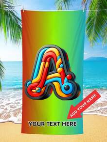 Personalized Cartoon Colorful Letter Customization A-Z English Letters Exclusive Custom Text Custom Name Quick Drying Outdoor Beach Towel Cool Ocean Customizable Palm Tree & Beach Scene, Perfect For Beach, Pool, Yoga & Fitness, Beach Accessories Absorbent Fabric, Beach Towel Outdoor Camping Perfect Gift