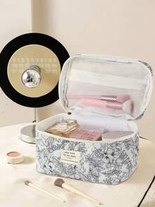 1 件花卉印花绗缝女士化妆包，柔软面料花卉印花拉链化妆包，适合存放化妆品、护肤品、口红、指甲油、发饰，非常适合家庭、旅行、新年/情人节礼物旅行必需品包，适合学校假期返校用品化妆包女士旅行包