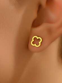 1 par de pendientes tipo botón vintage con trébol y copo de nieve para mujeres, pendientes de cartílago simples y versátiles - Amarillo Oro - Ver 2