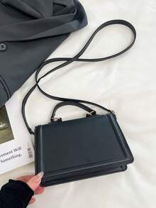 Arrow Design 时尚 PU 皮革手提包，2025 新款韩版托特包，纯色斜挎单肩包，小方包 - 黑色 - 查看 9