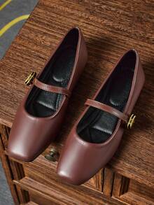 Mocasines casuales con punta cuadrada y hebilla decorativa marrones para mujer, con botón dorado, versátiles para oficina, exterior, primavera/verano, clásicos bailarinas para mujer - Marrón - Ver 2