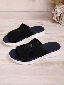 1 paire de sandales plates de plage/sport en tissu ajouré de style preppy, nouvelles chaussures décontractées à la mode pour la plage, les vacances, les mariages, l'école, les fêtes, l'été - Noir - Voir 6