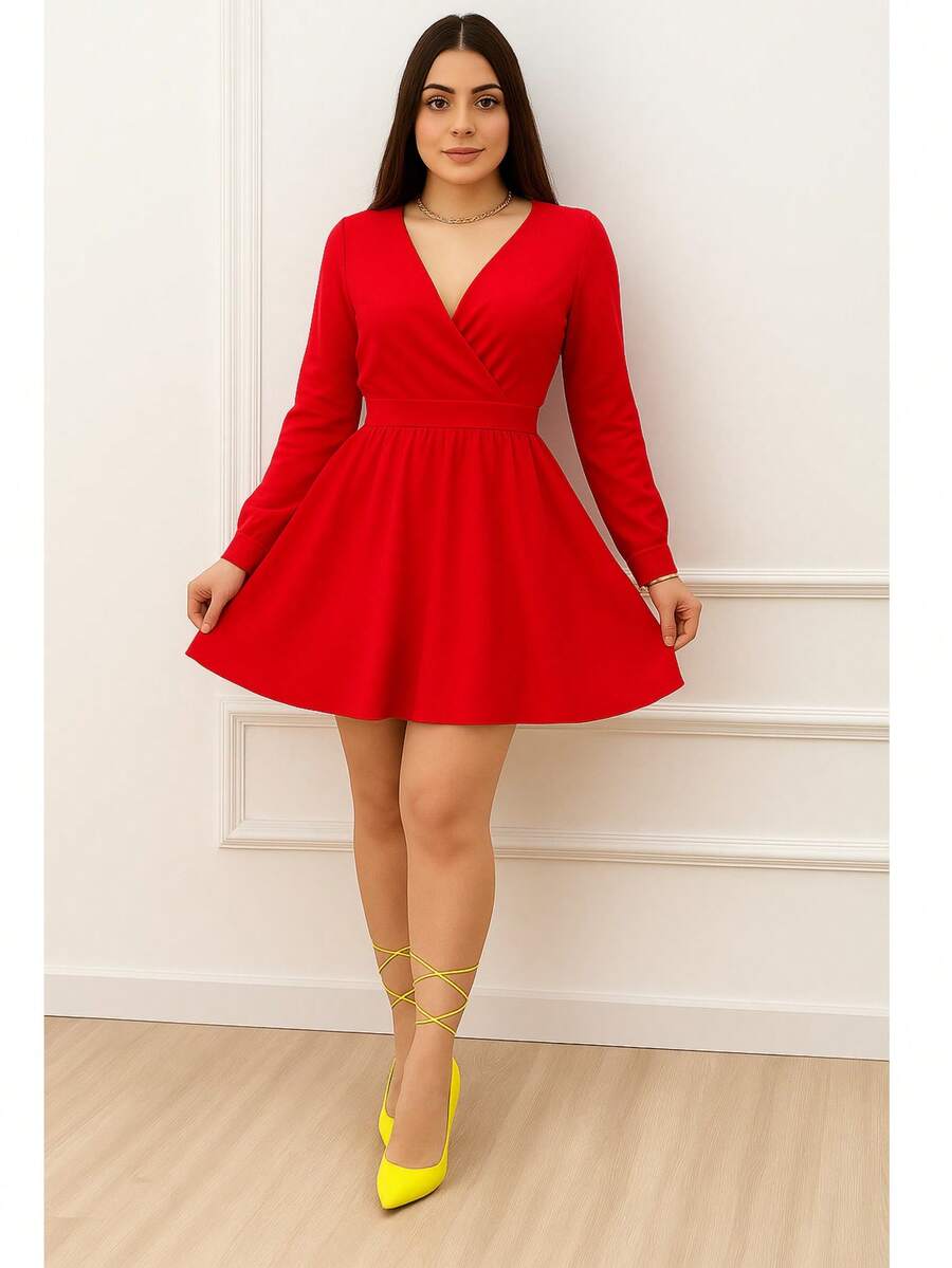 Vestido casual   Liso    Casual    Tela    Envolvente  Cremallera    vestido   Fiesta    verano - Rojo - Ver 1