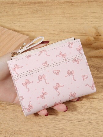 女士时尚新款蝴蝶结印花短款钱包零钱包时尚拉链款卡夹钥匙和现金通用小收纳包女士钱包女式钱包迷你钱包零钱包小钱包可爱钱包