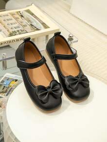 1 Pair Black Bow Decor Children's Shoes, Adjustable Strap, Round Toe, TPR Non-Slip Comfortable, Lightweight, Solid Color Ballet Flats Suitable For 5-14 Years Old Girls, School, Performance, Indoor & Outdoor Activities, All Seasons - Black - View 4