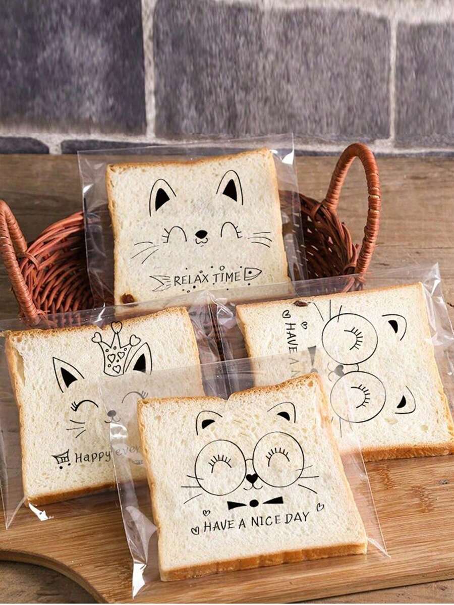 100 bolsas de sándwich reutilizables y transparentes - Almacenamiento de alimentos, sellado al vacío, organización de cocina - Emoticono de gato - Ver 1