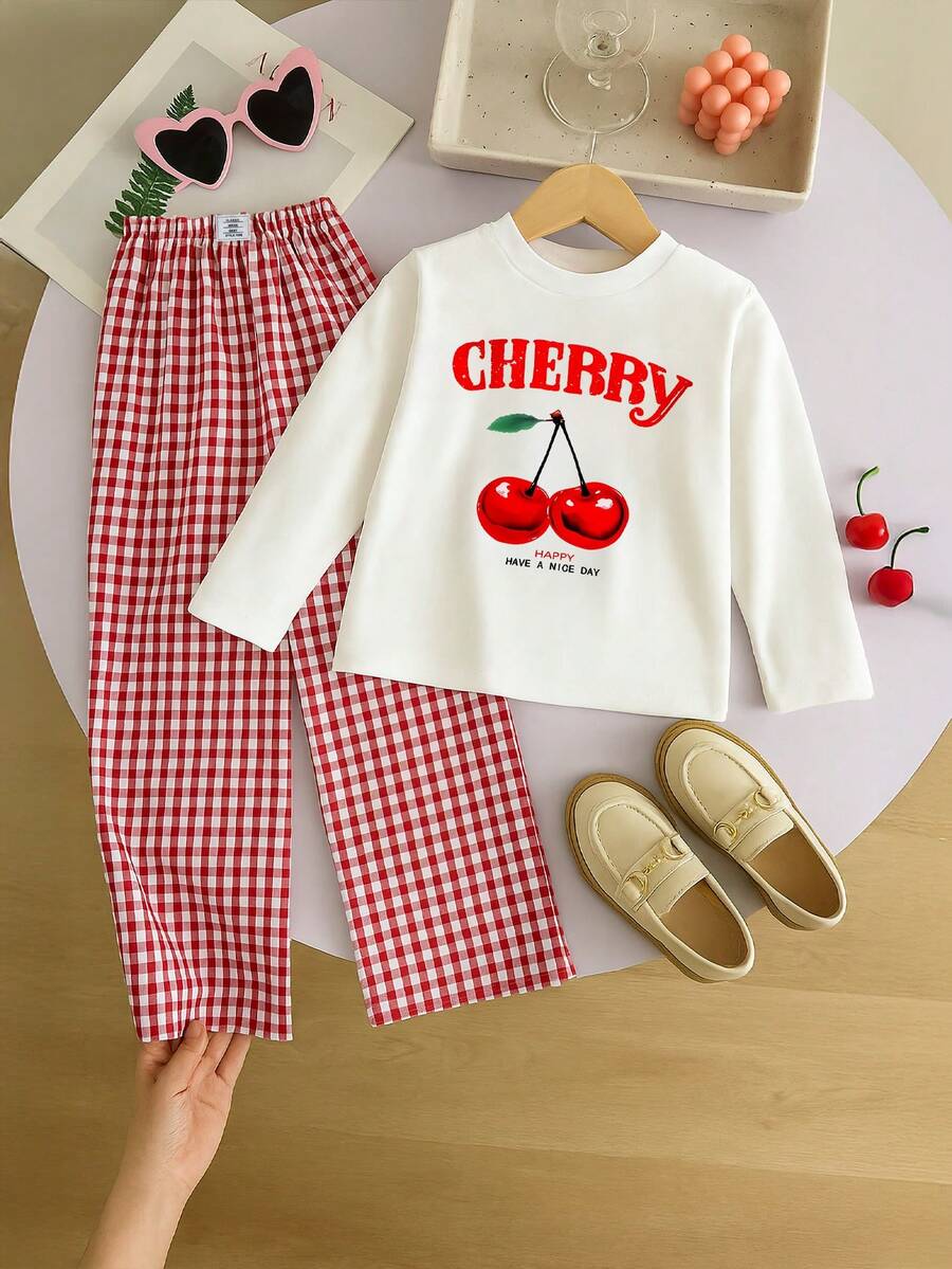 Conjunto de camiseta de manga larga con estampado de cerezas y pantalones rectos a cuadros rojos y blancos para niñas, otoño - Beis - Ver 1