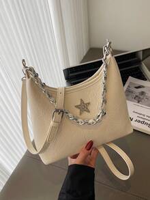 1 件女士纯色 PU 单肩斜挎包，时尚编织链条手提包，五星装饰手提包，适合约会、送礼、通勤、购物