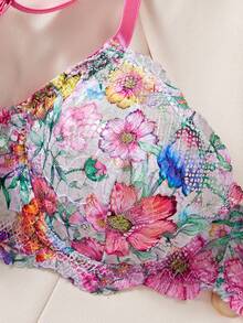 Style Dream 夏季新款女士性感内衣：彩色网纱印花超薄文胸套装，性感钢圈文胸，性感三角内裤，复古女士套装 - 玫紅色 - 查看 4