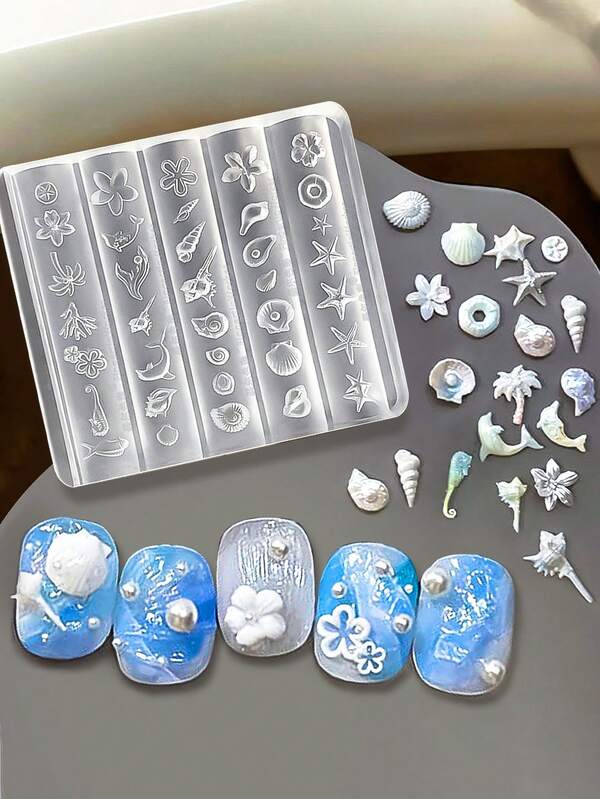Beautizon Nailartlab 1个海洋系列硅胶美甲模具，3D贝壳、海螺、海星、海马造型美甲模具，创意少女美甲装饰沙龙配件工具，美甲用品，美甲工具，返校季，美甲，美甲工具（适用于按压式美甲贴纸），修甲美足工具