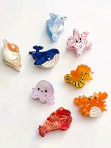发夹 8 件彩色海洋小动物夹女士夏季海洋配饰贝壳刘海海豚侧夹章鱼螃蟹发夹海星发饰套装礼物发饰优雅爪夹，学校用品，大学