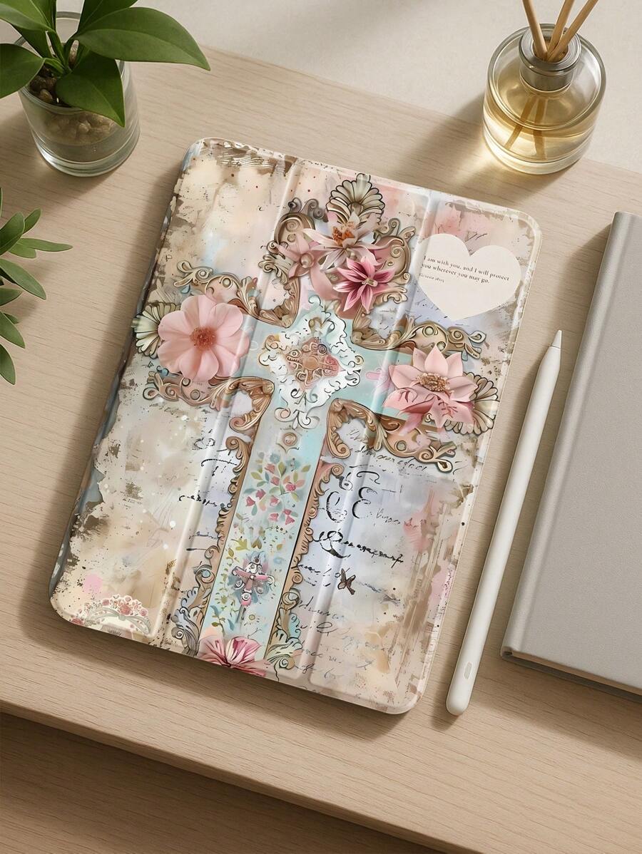 精美花朵字母十字图案透明硅胶减震支架，带笔槽，适用于 Galaxy Tab A8 10.5、S6 Lite 10.4、S7/S8/S9 英寸。支持睡眠唤醒，可作为节日礼物