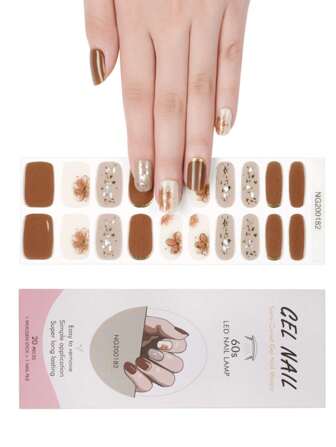 1 Box Natural UV Gel Nail Stickers, Lasting Classic Autumn/Winter Light Brown Semi-Cured, 20pcs Fingernail Gel Stickers Easy To Wear & Remove