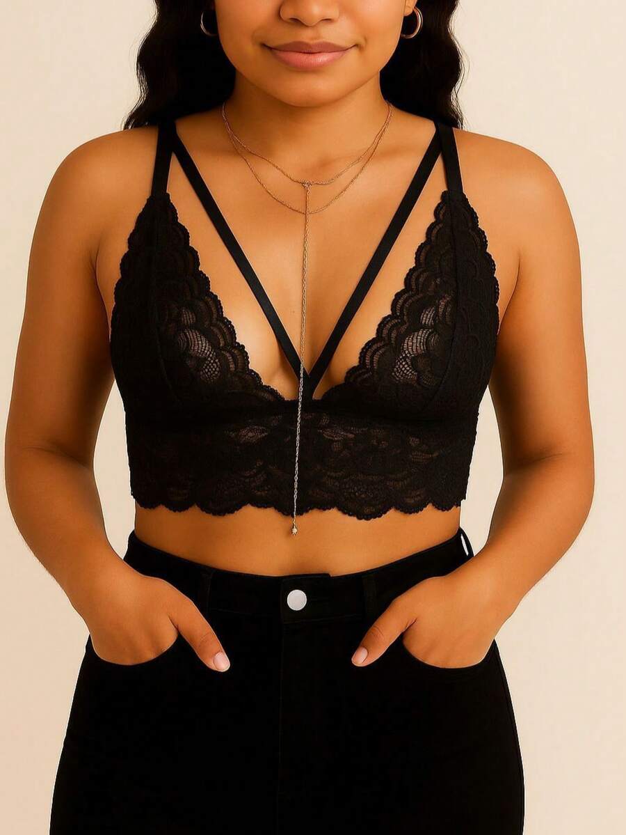 Cropped Rendinha Simples Renda Laço Contraste Tecido vazado Todas Noite todas - Preto - Visão 1