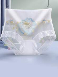 4 Pcs Women's Traceless Sexy Lace Embroidered Flower Mesh High Waist Semi-Perspective Triangle Panties