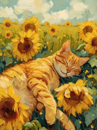 Diamond Painting Of Orange Cat Sleeping In Sunflower Field - New Design With Full Round Diamond Mosaic, DIY Diamond Embroidery, Home Decor Wall Art, Creative Embroidery Artwork