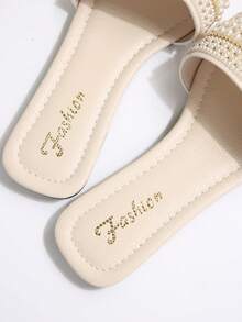 全新大码奢华防滑方头穆勒鞋水钻和珍珠缀饰时尚百搭女士沙滩度假凉鞋