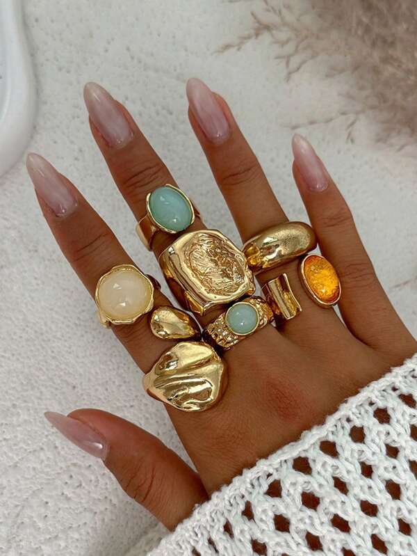 9-5pcs Vintage Fashion Elegant Retro Coin Metal Multi-Element Colorful Gemstone, Cat Eye, Crystal Inlaid Acrylic Adjustable Rings Set, Chunky Hammered Irregular Geometric Rings, Boho Chic Layered Stacking Rings, Ideal For Women, Men, Couples, Summer, Vacation, Party, Wedding, Daily Matching, Holiday Gift