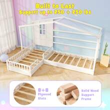 L-Shaped Double Twin Beds House Platform Beds W/ Window & Fences Ray - White - View 9