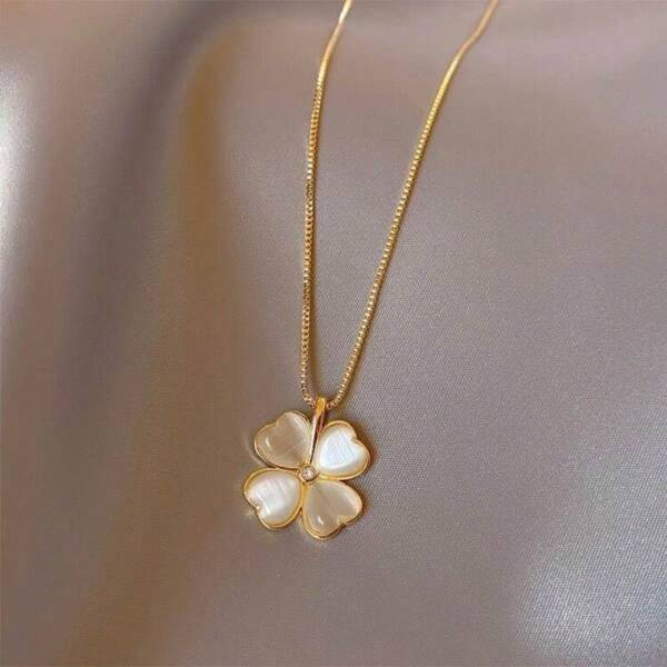 1pc 18K Gold Stainless Steel Necklace With Cat Eye Gemstone & Clover Pendant, Elegant And Minimalist Design, Suitable For Party, Date, And Office Wear