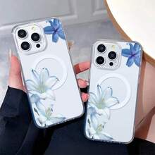 Blue Lilies Elegant Floral Design White Background -Clear Magnetic Phone Case For IPhone [X/11/12/13/14/15/16 Pro Max]-Slim TPU Shockproof Cover,Anti-Slip & Scratch-Resistant,Good Gift For Girls And Boys | Summer Gift Idea - Clear - View 3