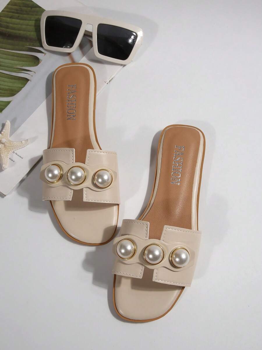 صندل نسائي مسطح مزين بالؤلؤ الاصطناعي، فتحة للأصابع، موحد اللون، غير قابل للانزلاق، صندل كاجوال متعدد الوظائف للاستخدام الخارجي - بيج - مشاهدة 1