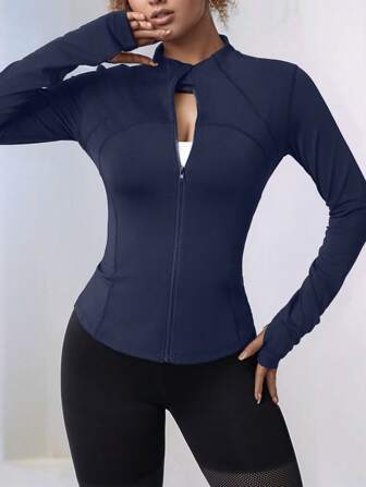 Plus Size Zipper Long Sleeve Sports Jacket, Women Tight Thumb Hole Cuff Fitness Yoga Running Activewear Outerwear