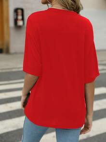 字母印花圆领T恤，休闲宽松短袖夏季T恤上衣，针织面料，适合女士 - 紅色 - 查看 2