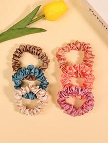 6 件/套缎面纯色弹性发带，适合女孩/女性高低马尾发型