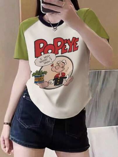 夏季酒红色撞色插肩袖圆领卡通字母印花休闲度假日常T恤女