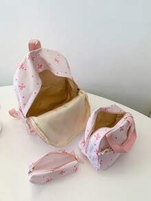 3 Pcs Fashionable Preppy Bow Print Backpack Set,Backpack&Lunch Bag&Pencil Case,With Laptop Compartment Bookbag,Adjustable Strap Bookbag Set,Multi Pockets High-Capacity School Bag Set Multifunctional Daypack Set Idea For Boys/Girls/Teens/College Students/Graduate/Graduate For Daily Use/Vacation/Travel/Back To School - Multicolor - View 5