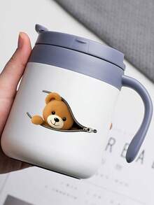 Funny Personalized Insulated Coffee Mug With Handle And Lid A Teddy Bear Peeking Through Zipper Gifts For Women And Men, White, 12 Oz - 白色 - 查看 2