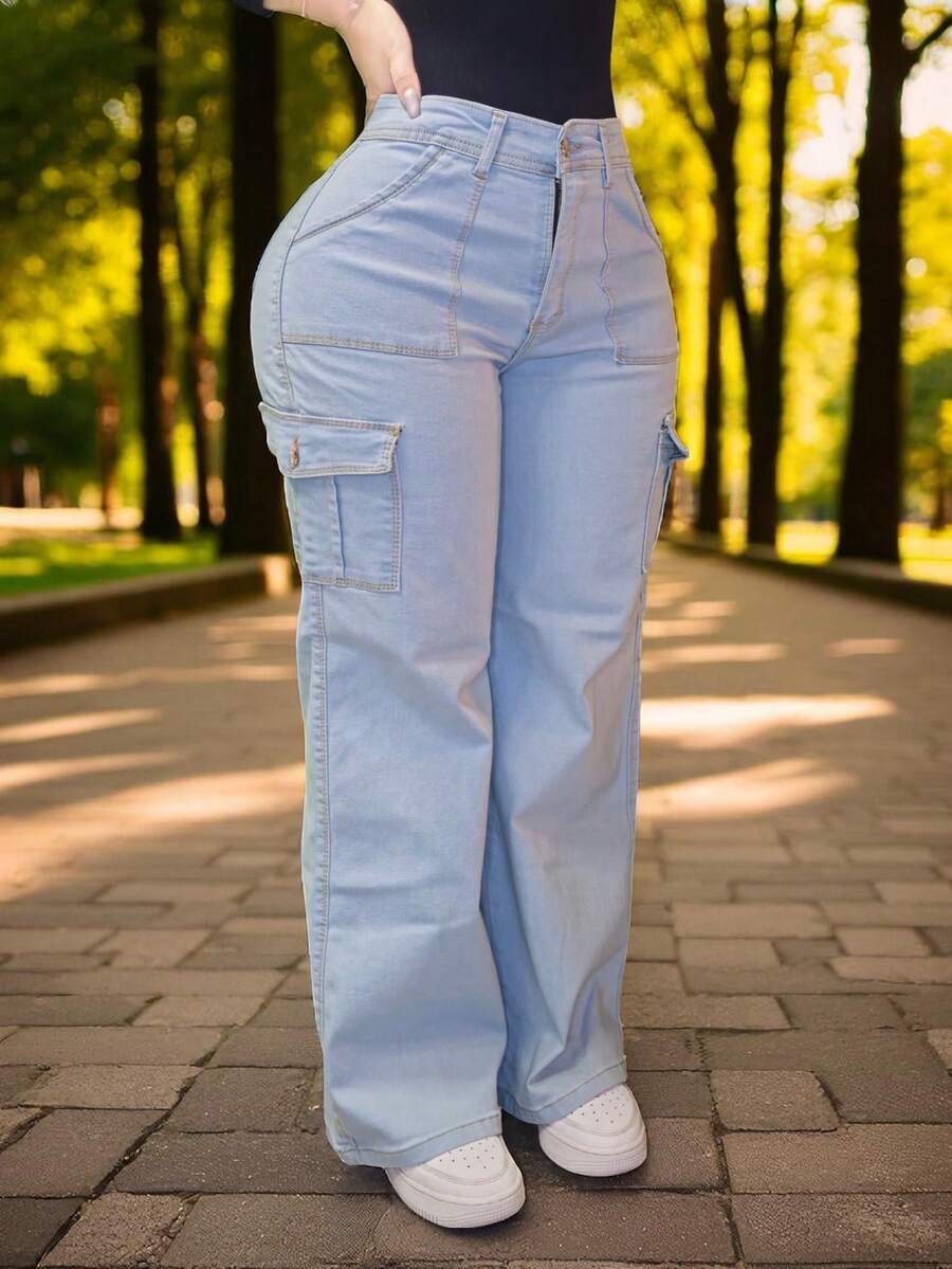Pantalon jeans de mezclilla estilo corte ancho cargo con bolsas laterales stretch para dama mujer push up cintura alta urbano - Blench cargo con bolsas - Ver 1