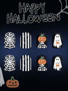 24 PIEZAS Suministros para uñas de Halloween con telaraña blanca, fantasma, calabaza y calavera, con polvo brillante, talla grande 1 lima de uñas y 1 pieza de pegamento de gel