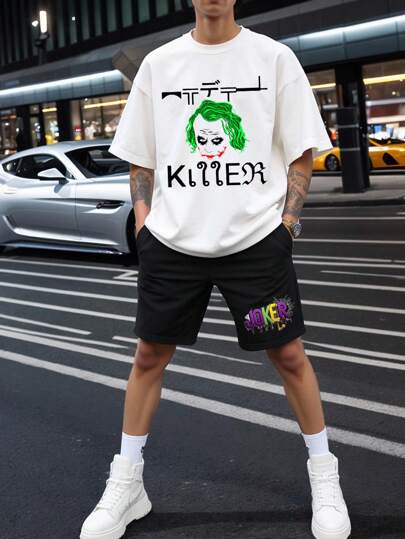 Warner Bros 2pcs/Set The Joker Cartoon Element Printed Casual T-Shirt And Shorts For Men, Summer