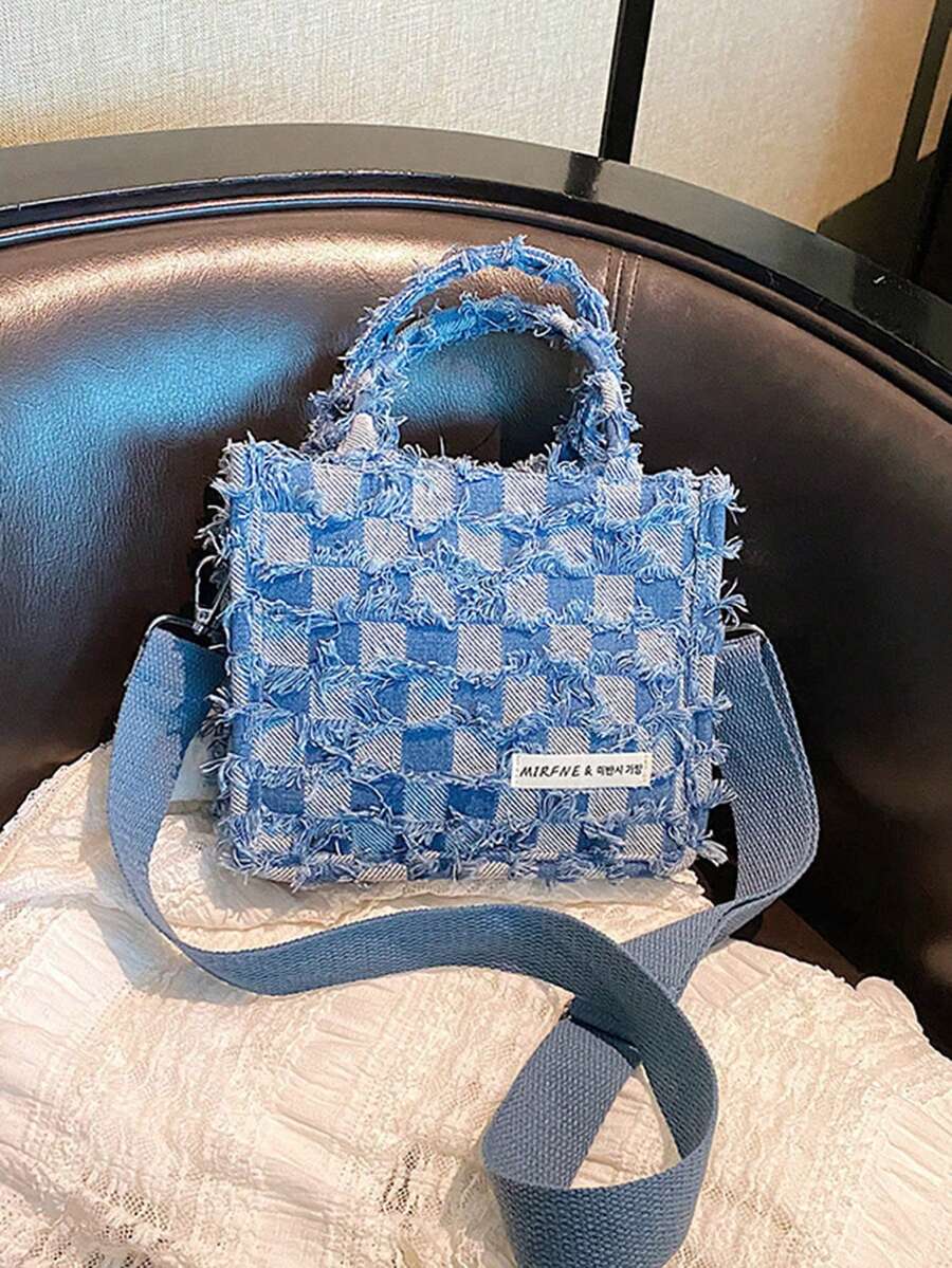 时尚撞色格子手提包，流苏设计休闲斜挎包，厚实零钱包，适合女性日常通勤，春夏季