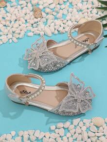 1 双适合小女孩的时尚公主鞋,带仿钻石和蝴蝶结软底凉鞋,水钻婴儿鞋,闪光芭蕾平底鞋 - 銀色 - 查看 3